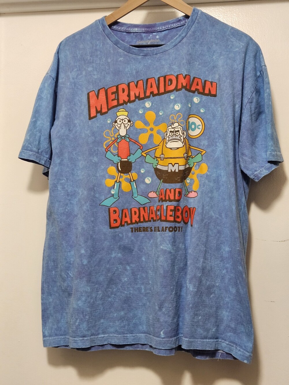 Nickelodeon Spongebob Mermaid Man Barnacle Boy Graphic T-Shirt Large Blue Wash